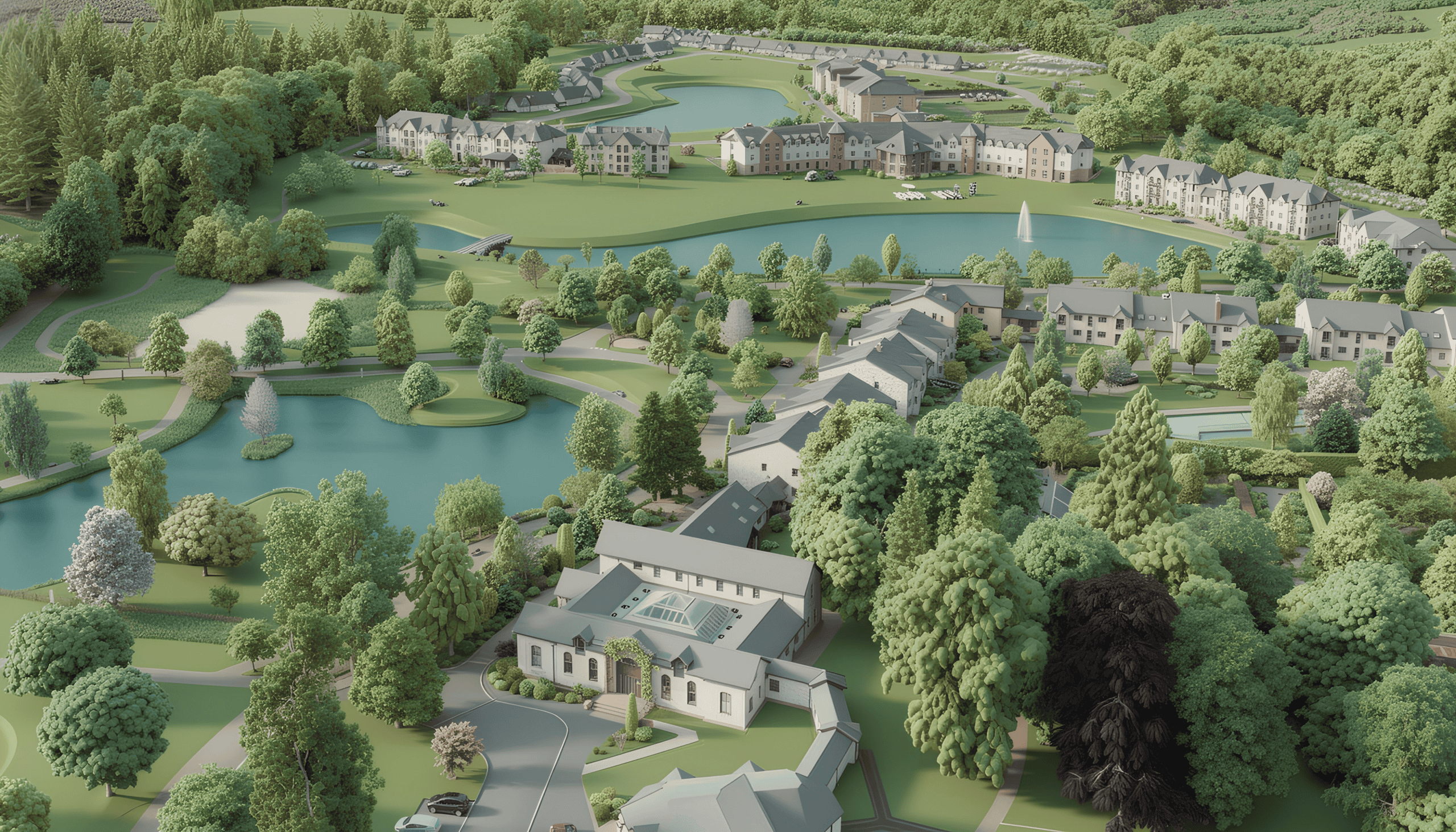 Aerial view of Auchlochan retirement village showcasing lakes, gardens, and residential buildings.