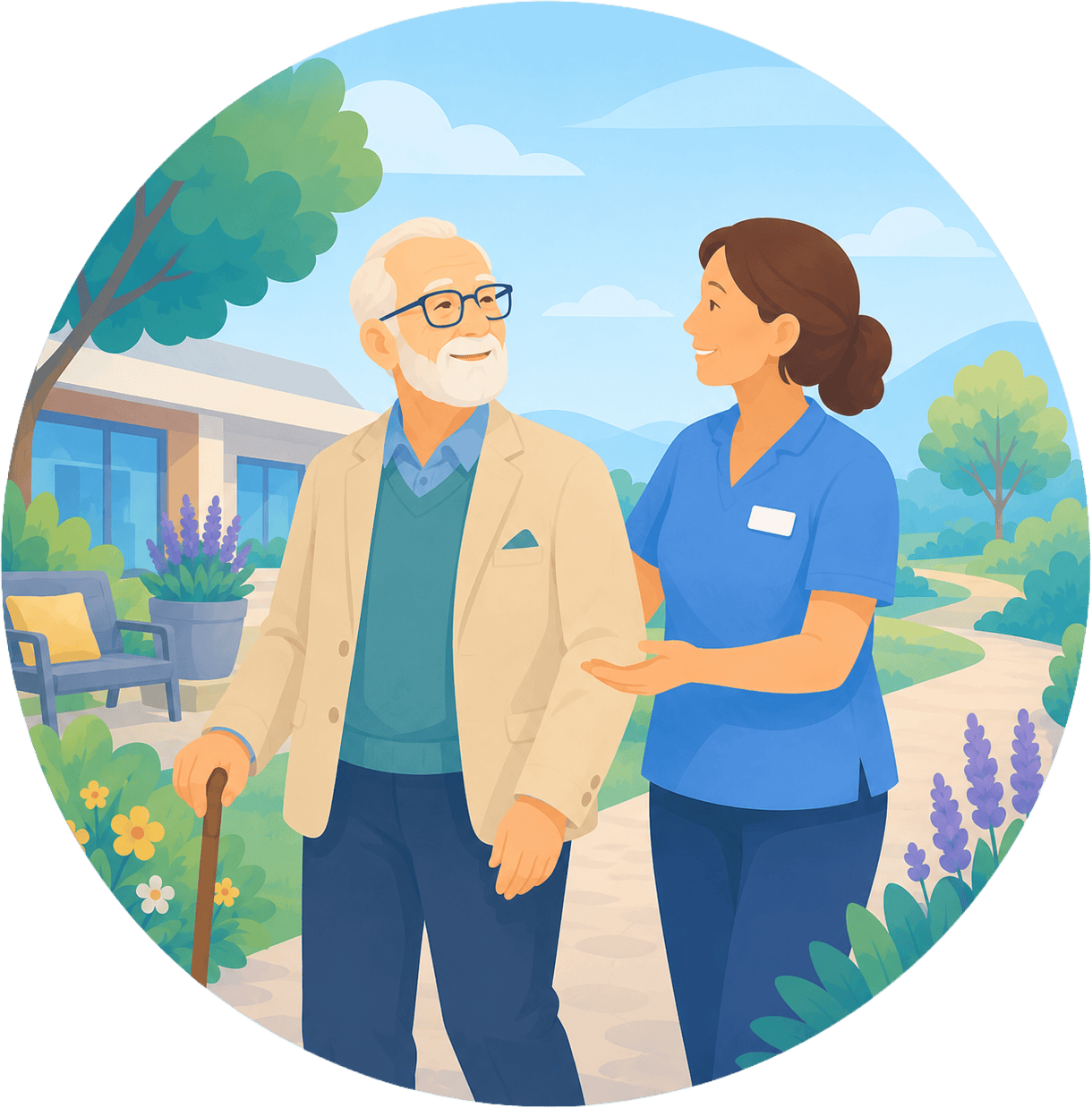 Elderly man talking with a caregiver outdoors in a garden setting.