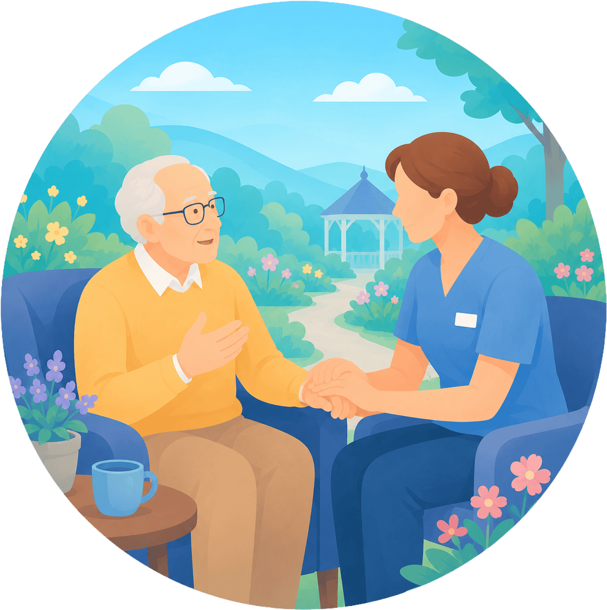 Elderly man talking with a nurse in a garden setting.