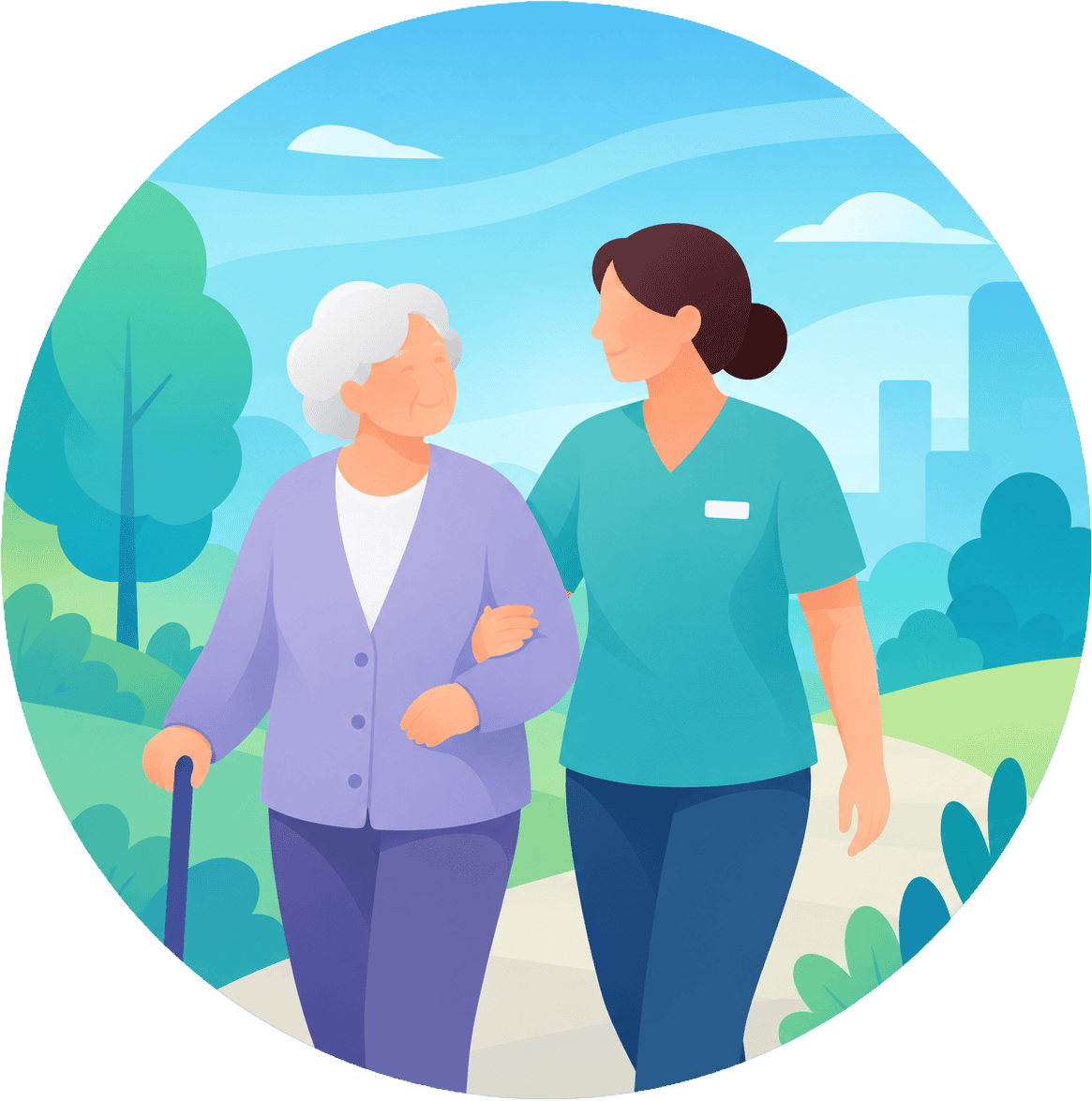 Nurse walking with elderly woman in park for community care.