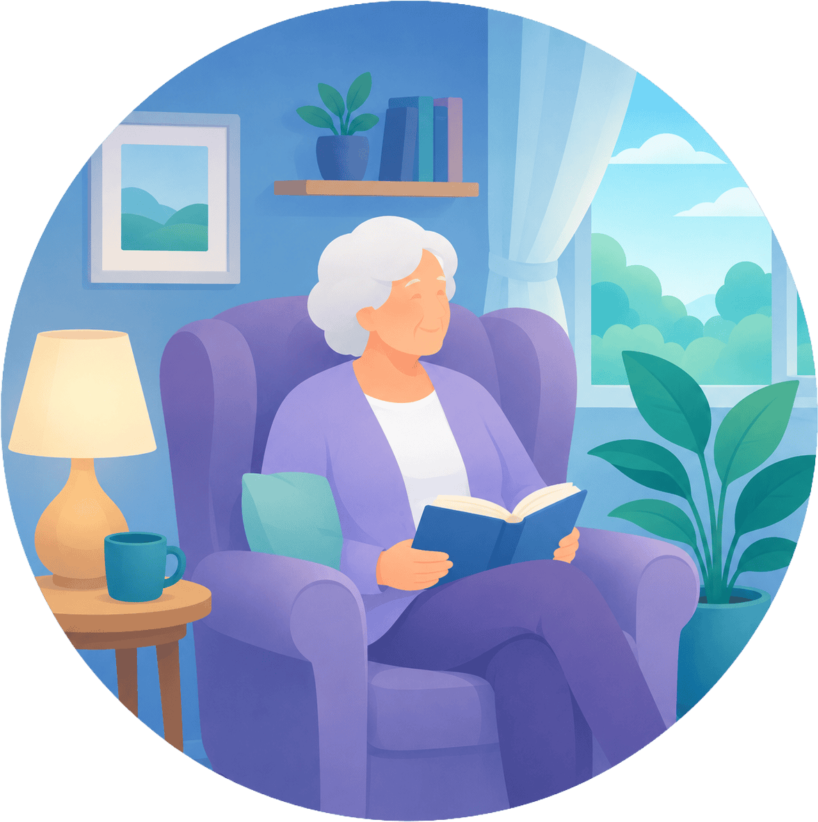 Elderly woman relaxing and reading a book in a cosy living room.