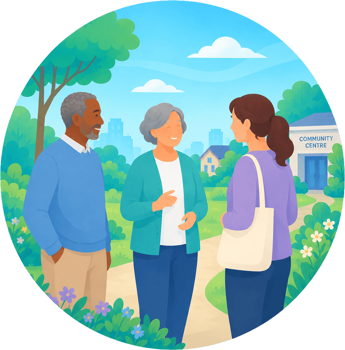 People talking at community centre in a park setting.